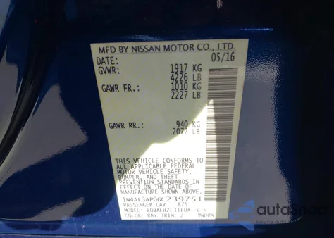 2016 Nissan Altima 2.5 Sr z USA, uszkodzony, nr VIN 1N4AL3AP0GC239751